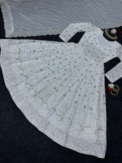 White georgette heavy thread sequence work gown for ceremony