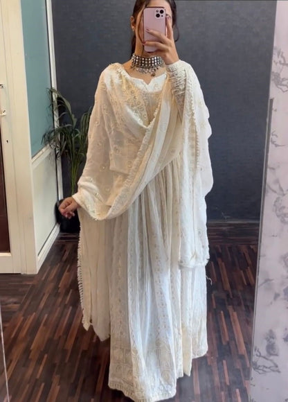 White georgette heavy thread sequence worked anarkali suit