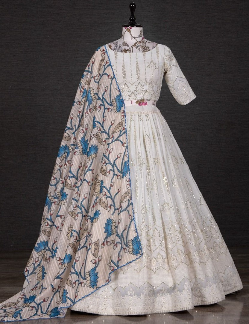 White georgette heavy thread sequins work lehenga choli for ceremony