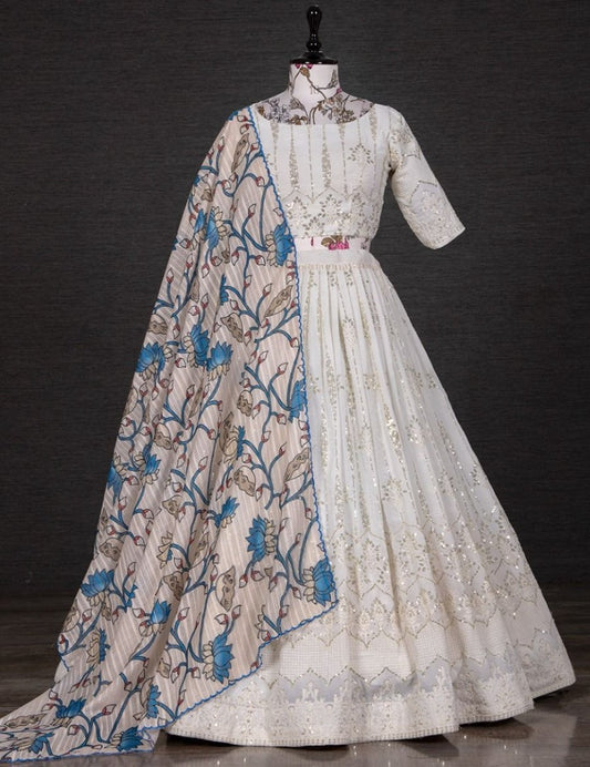 White georgette heavy thread sequins work lehenga choli for ceremony