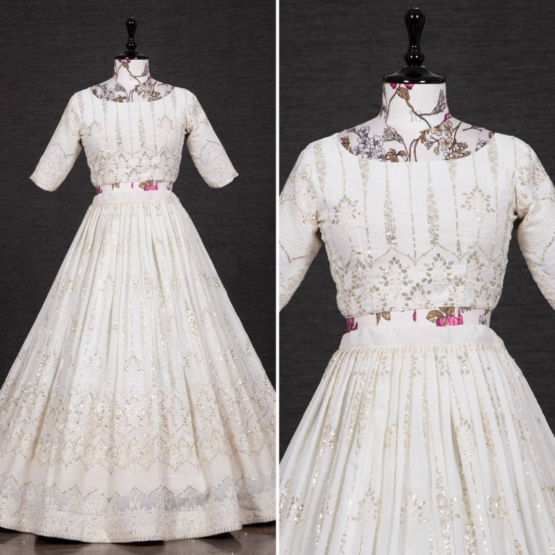 White georgette heavy thread sequins work lehenga choli for ceremony