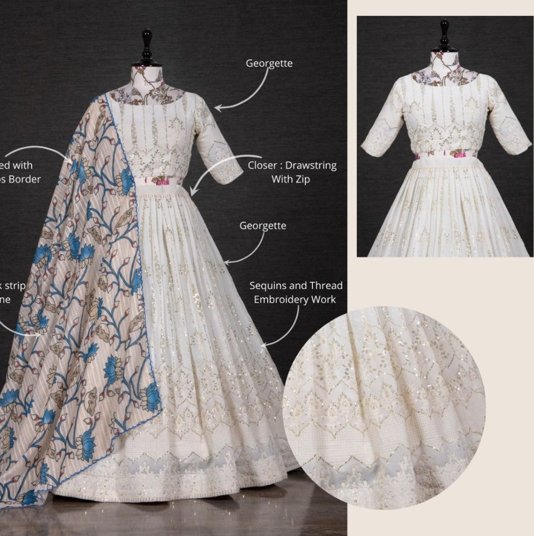 White georgette heavy thread sequins work lehenga choli for ceremony