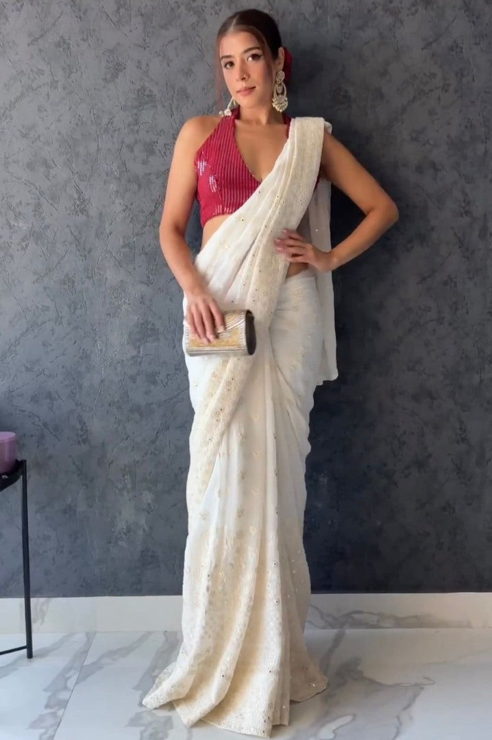 White georgette heavy thread work designer saree