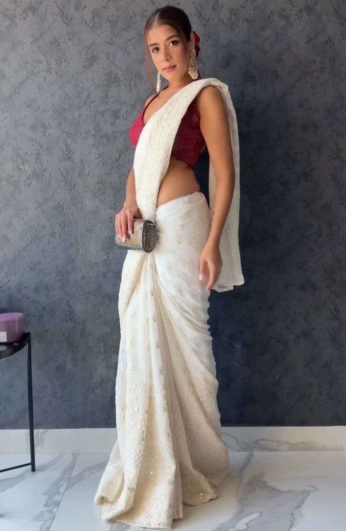 White georgette heavy thread work designer saree