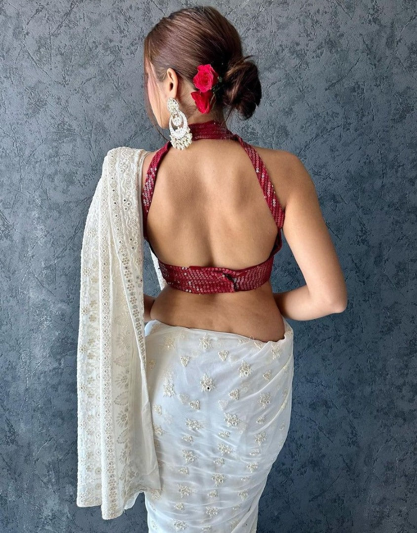 White georgette heavy thread work designer saree