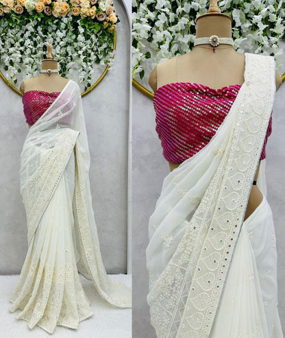 White georgette heavy thread work designer saree