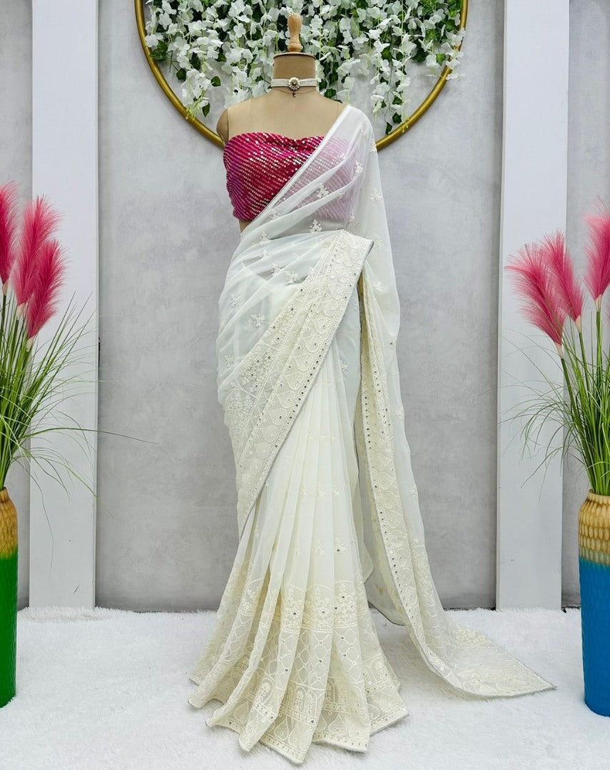 White georgette heavy thread work designer saree