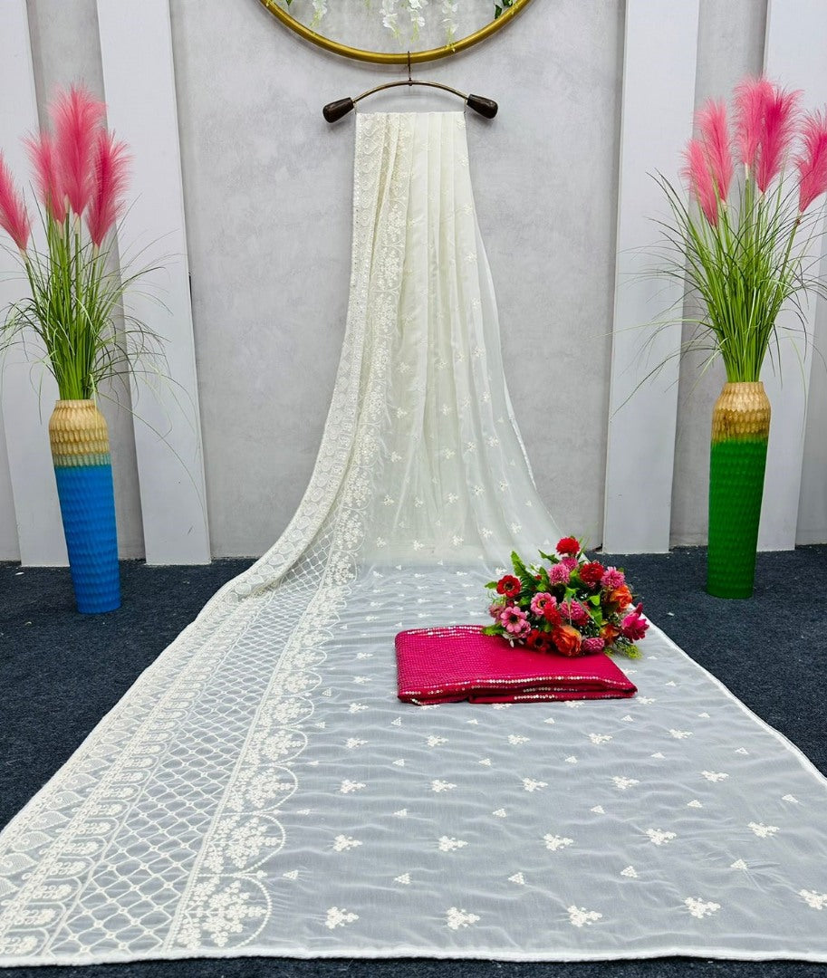 White georgette heavy thread work designer saree