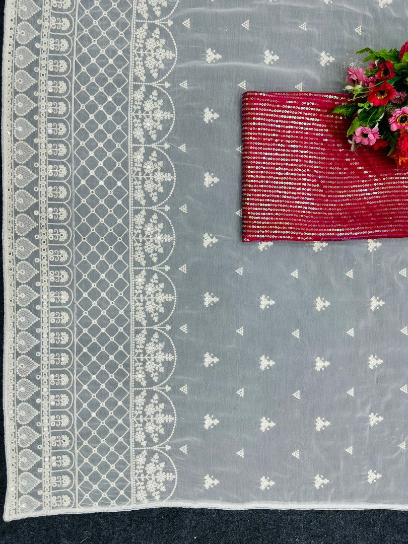 White georgette heavy thread work designer saree