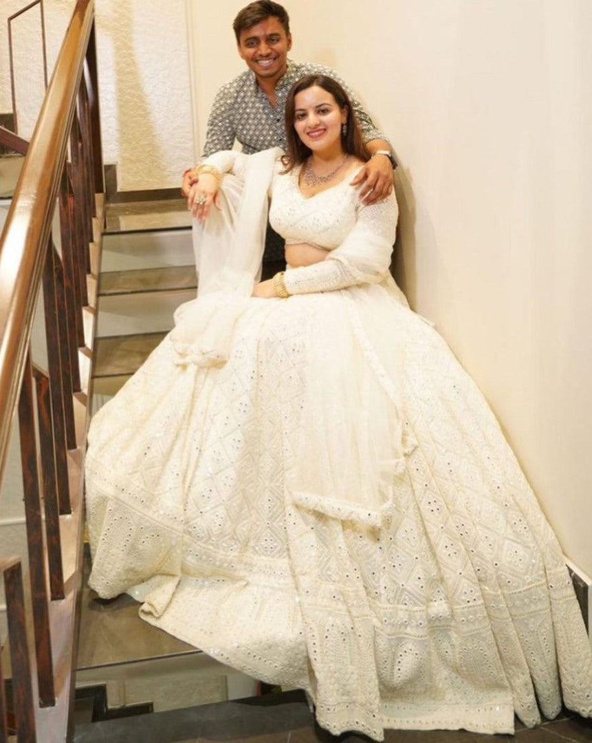 White georgette heavy work designer wedding lehenga choli