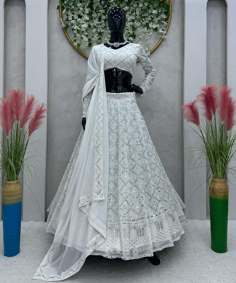 White georgette heavy work designer wedding lehenga choli