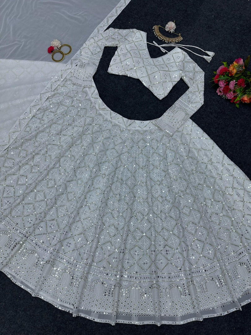 White georgette heavy work designer wedding lehenga choli