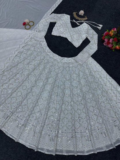 White georgette heavy work designer wedding lehenga choli