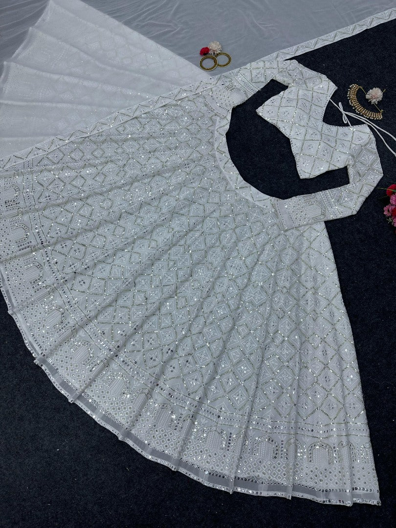 White georgette heavy work designer wedding lehenga choli