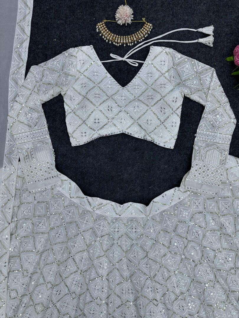 White georgette heavy work designer wedding lehenga choli