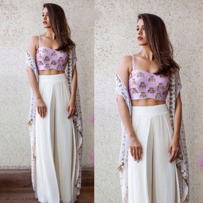 white georgette indo western plazzo suit with multidori and mirror work blouse