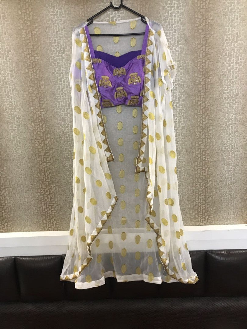 white georgette indo western plazzo suit with multidori and mirror work blouse