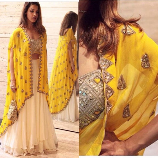 White georgette lehenga with mirror work shrug and blouse