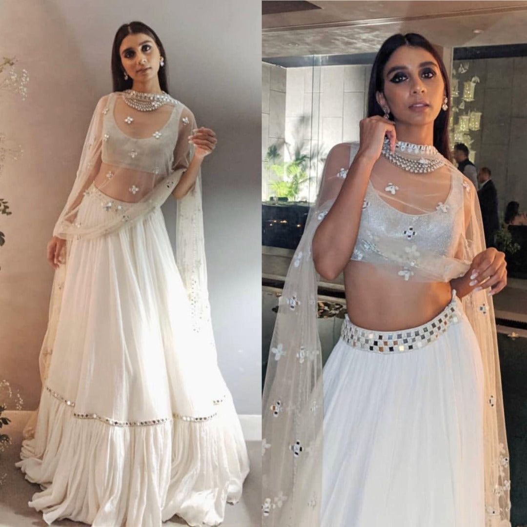 White georgette lehenga with paper mirror work dupatta