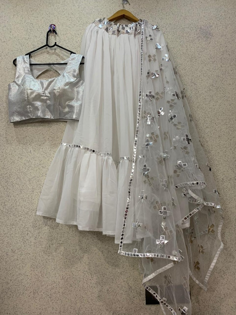 White georgette lehenga with paper mirror work dupatta