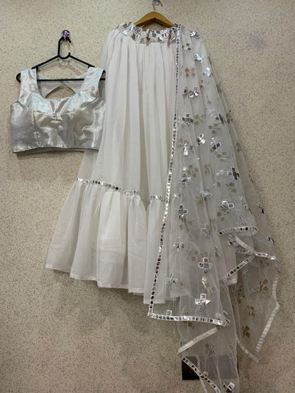 White georgette lehenga with paper mirror work dupatta