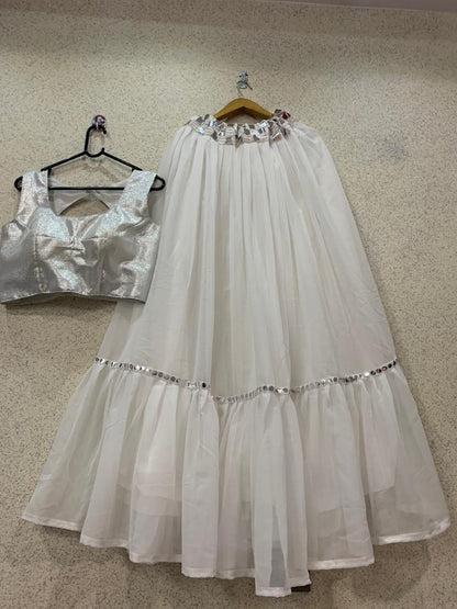White georgette lehenga with paper mirror work dupatta