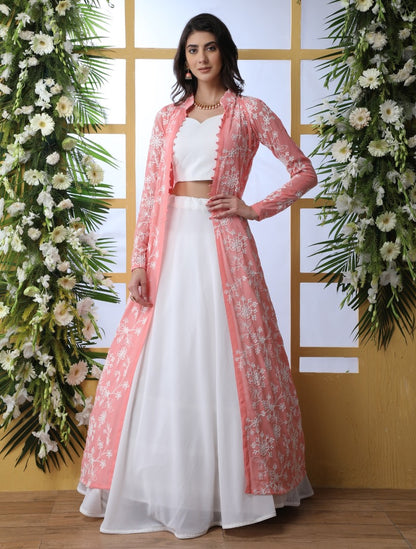 White georgette lehenga with peach thread work koti