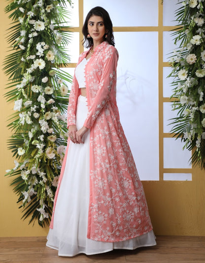 White georgette lehenga with peach thread work koti
