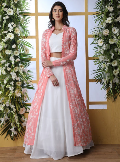 White georgette lehenga with peach thread work koti