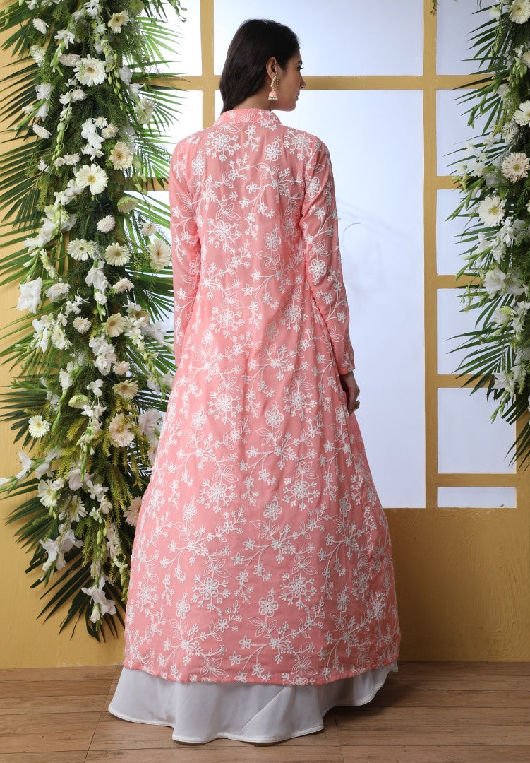 White georgette lehenga with peach thread work koti