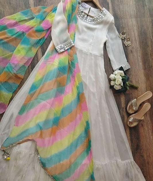 White georgette long anarkali gown with rainbow dupatta