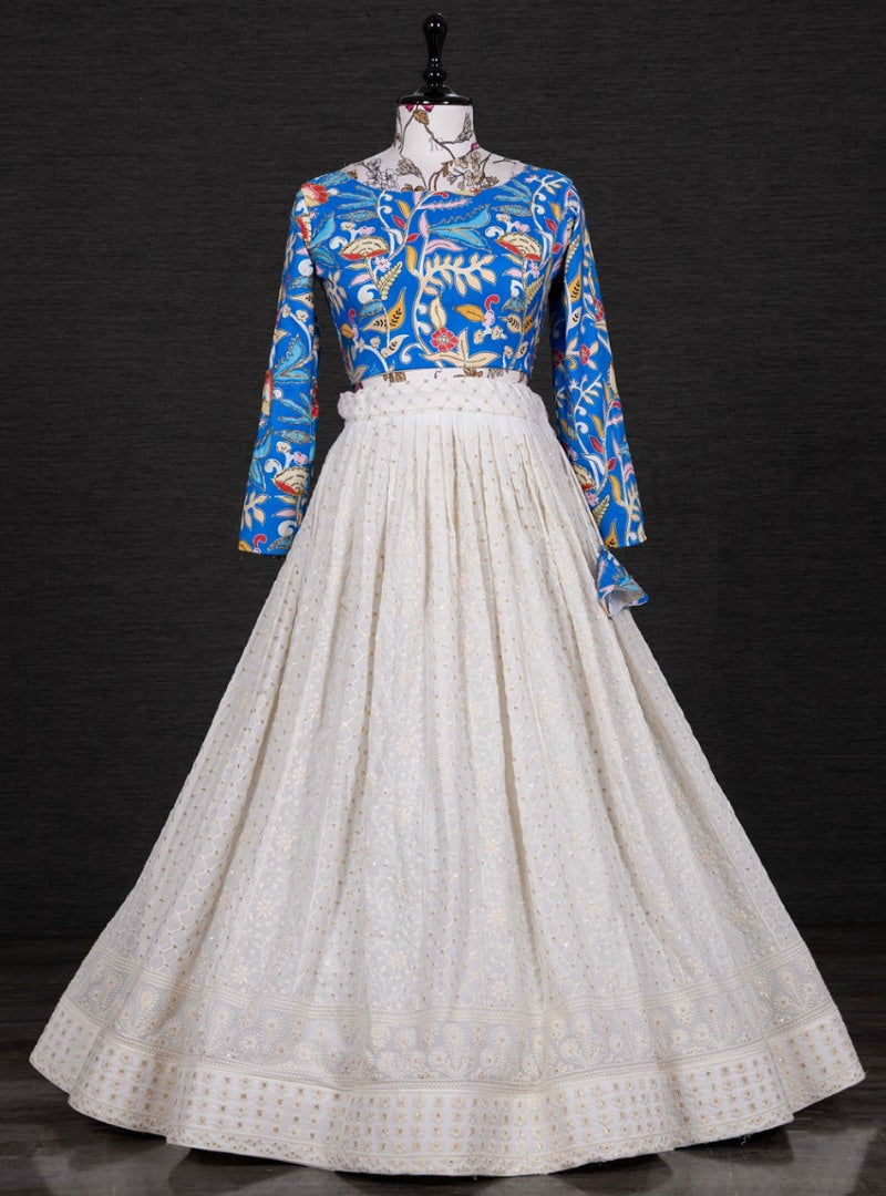 White georgette lucknowi embroidery work crop top lehenga