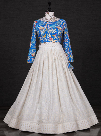 White georgette lucknowi embroidery work crop top lehenga