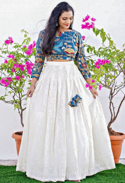 White georgette lucknowi embroidery work crop top lehenga