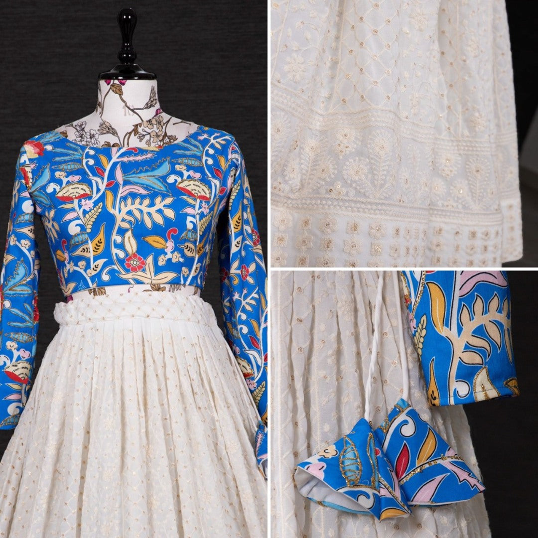 White georgette lucknowi embroidery work crop top lehenga