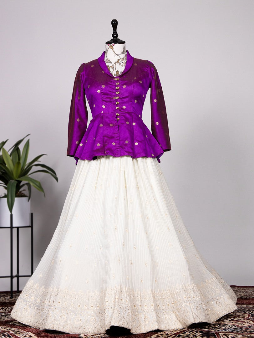 White georgette lucknowi work lehenga with long crop top