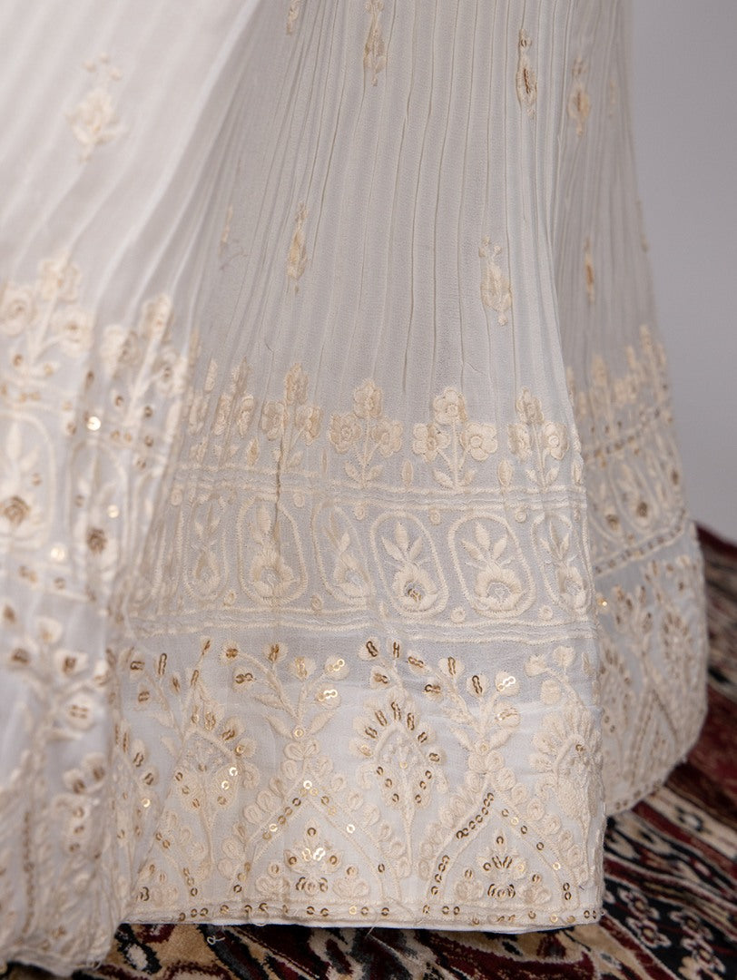 White georgette lucknowi work lehenga with long crop top