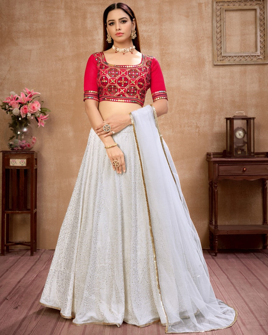 White georgette metallic foil work party wear lehenga choli