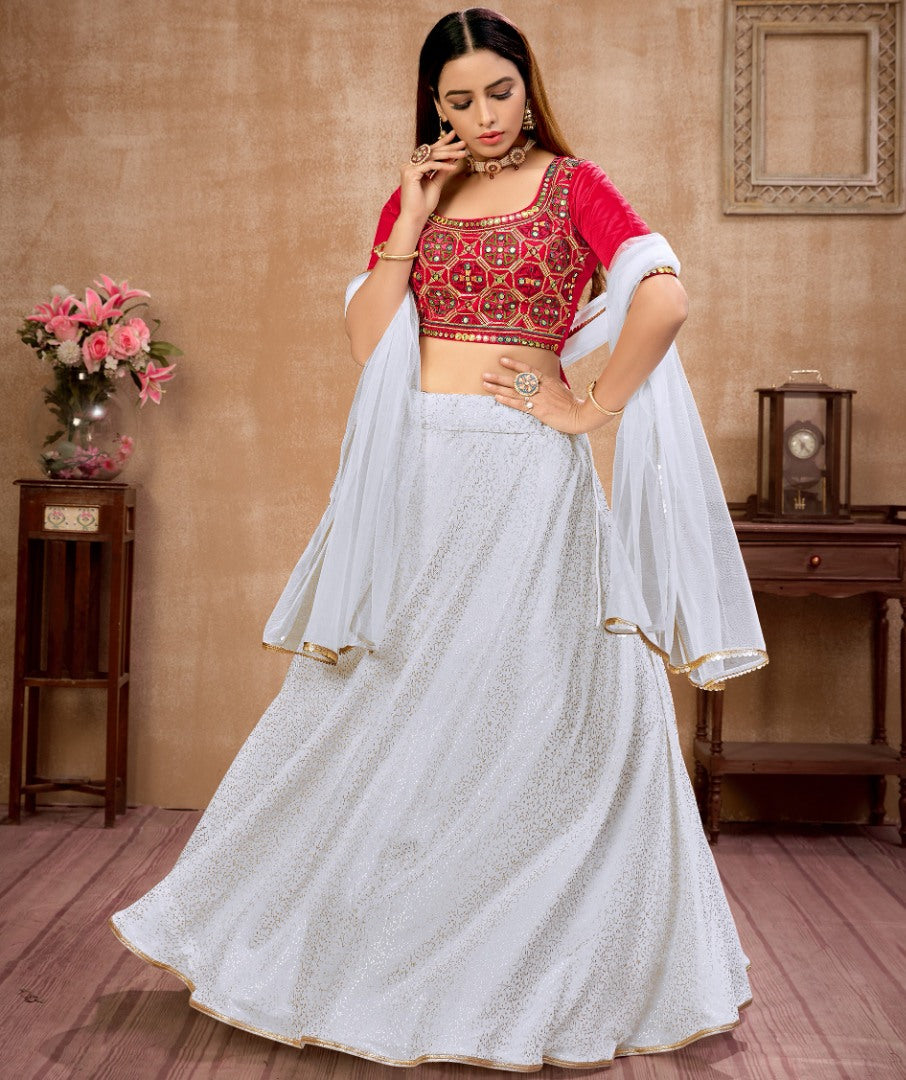 White georgette metallic foil work party wear lehenga choli