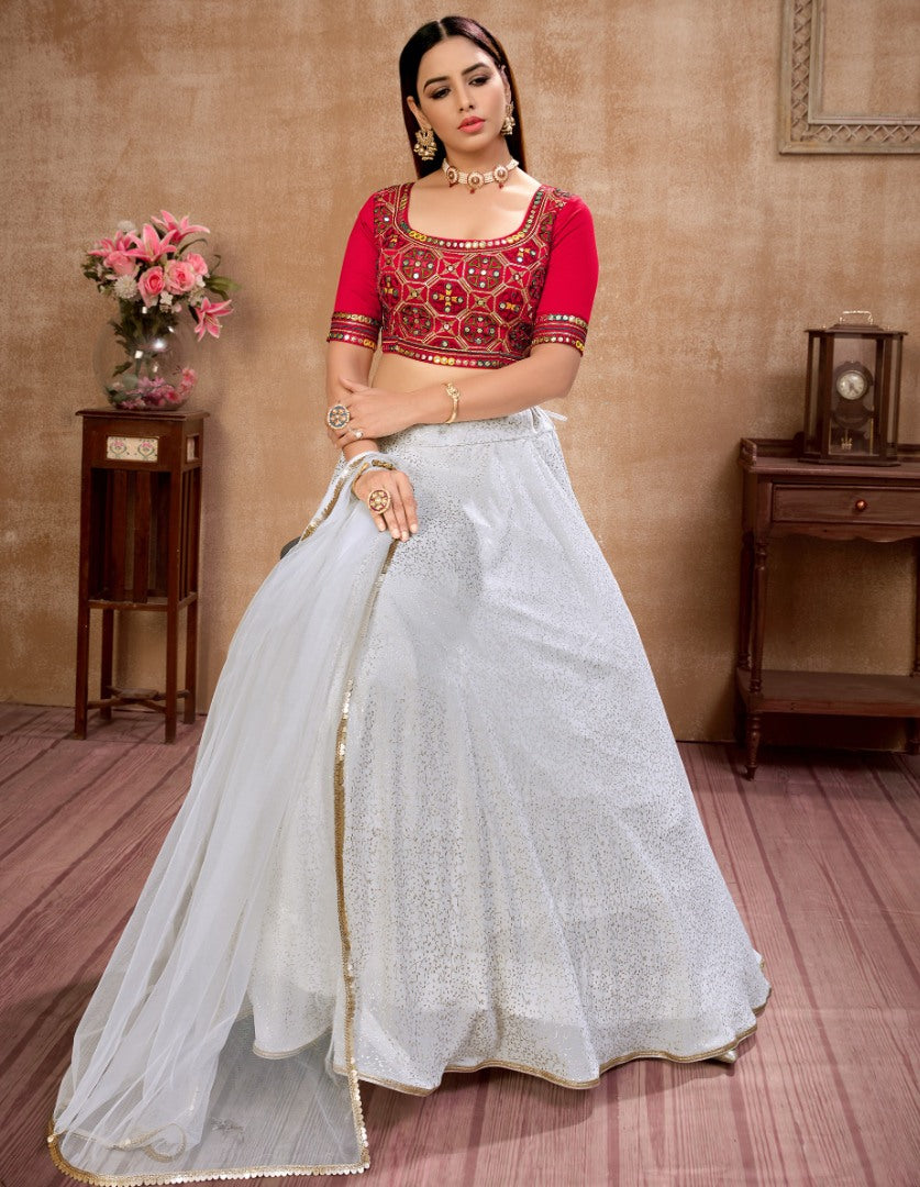 White georgette metallic foil work party wear lehenga choli