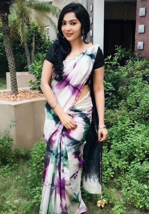 White georgette multi color digital printed saree