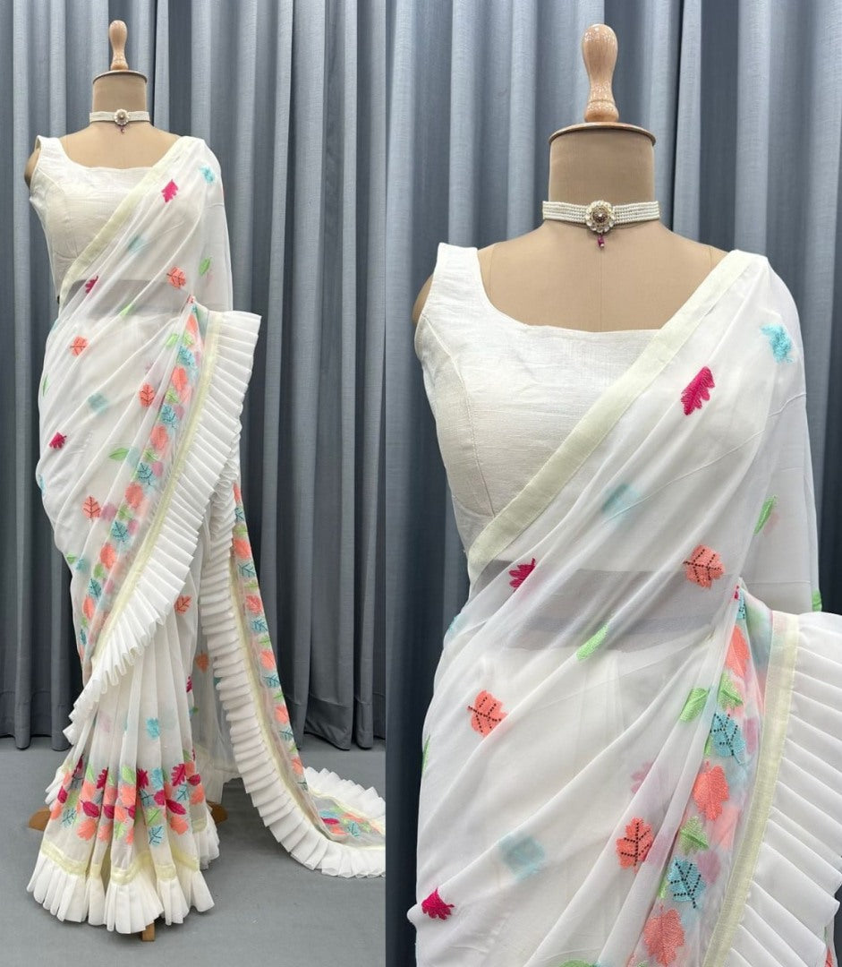 White georgette multi color thread embroidered designer ruffle saree