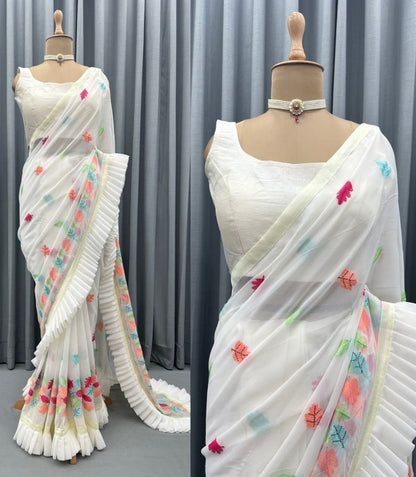 White georgette multi color thread embroidered designer ruffle saree