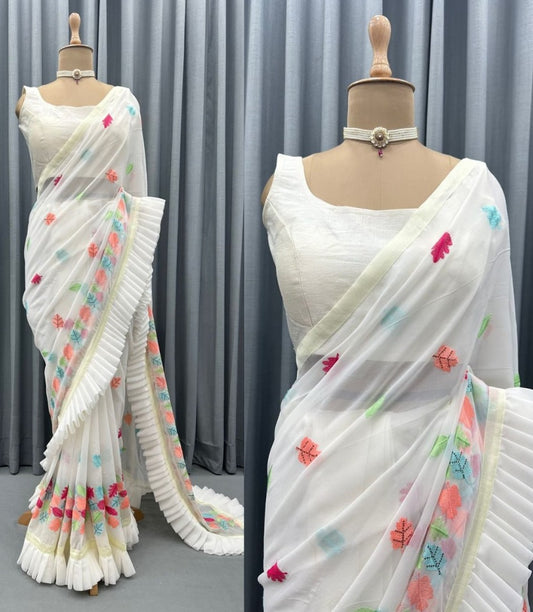 White georgette multi color thread embroidered designer ruffle saree