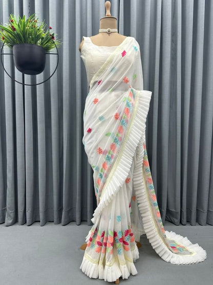 White georgette multi color thread embroidered designer ruffle saree