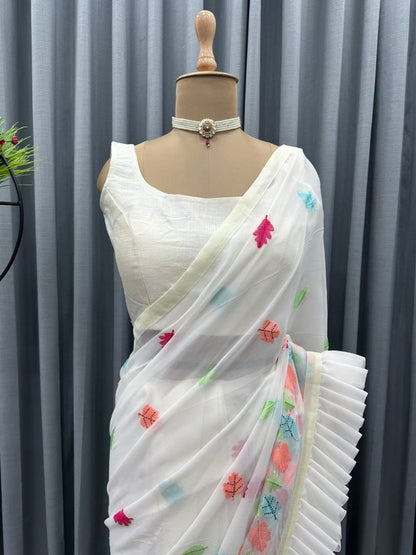 White georgette multi color thread embroidered designer ruffle saree