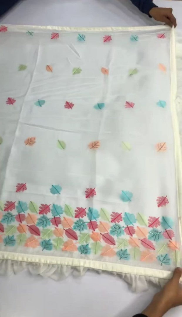 White georgette multi color thread embroidered designer ruffle saree