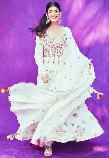 White georgette multi thread embroidered anarkali suit