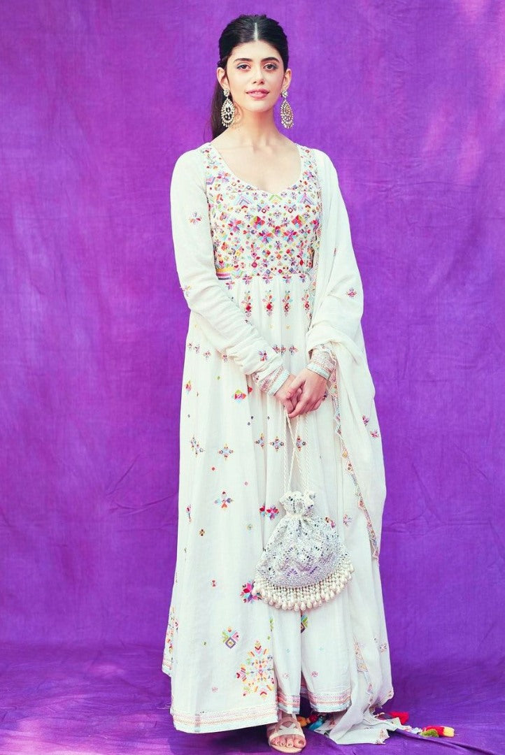 White georgette multi thread embroidered anarkali suit