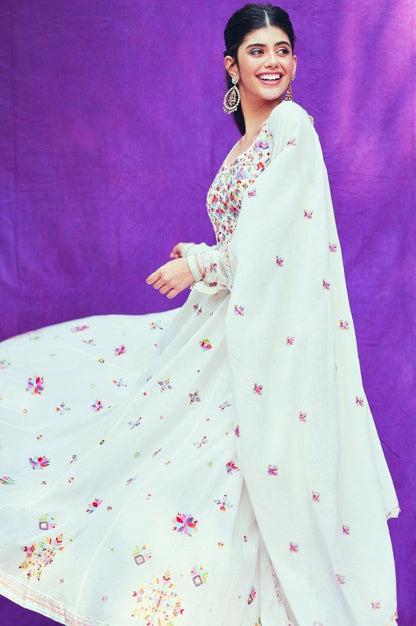 White georgette multi thread embroidered anarkali suit